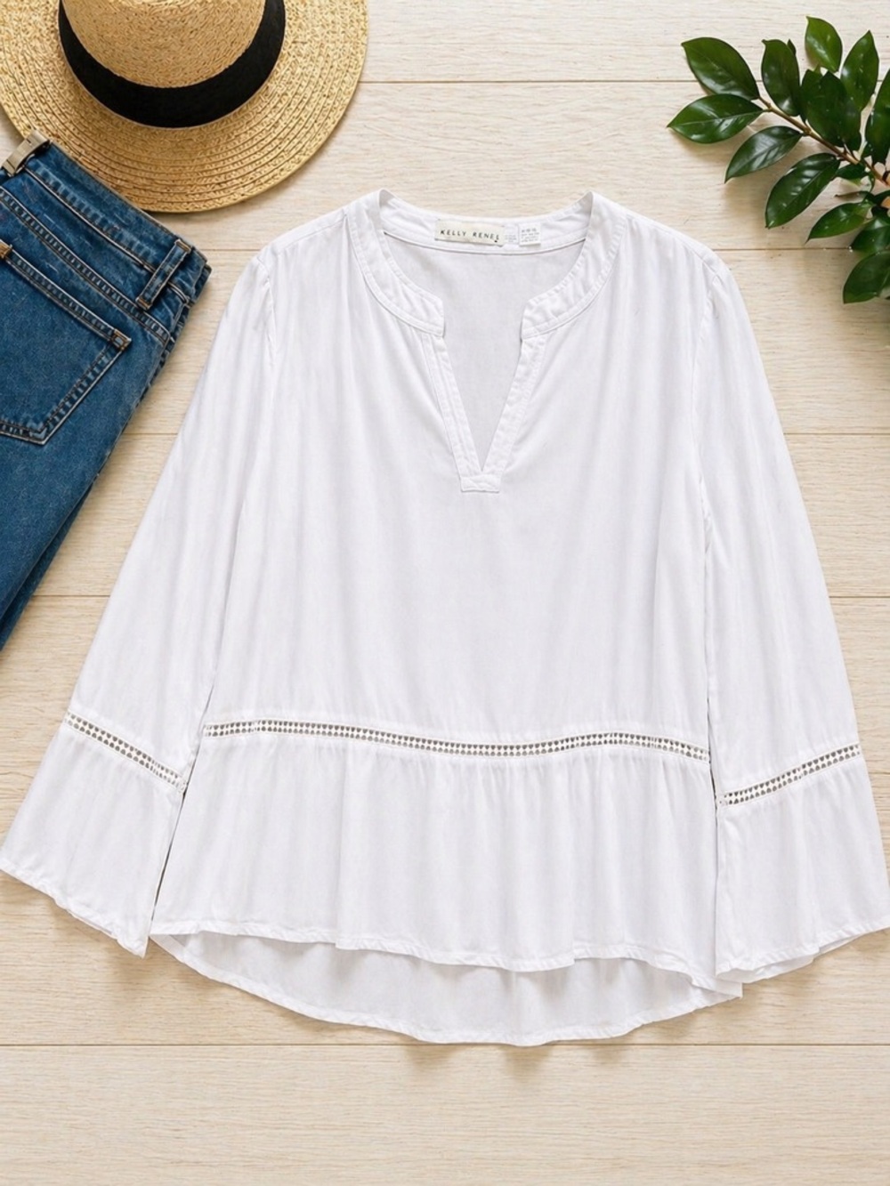 Kelly Reneé White Lyocell Blouse XL V-Neck Peplum Bell Sleeve Lace Detail Top